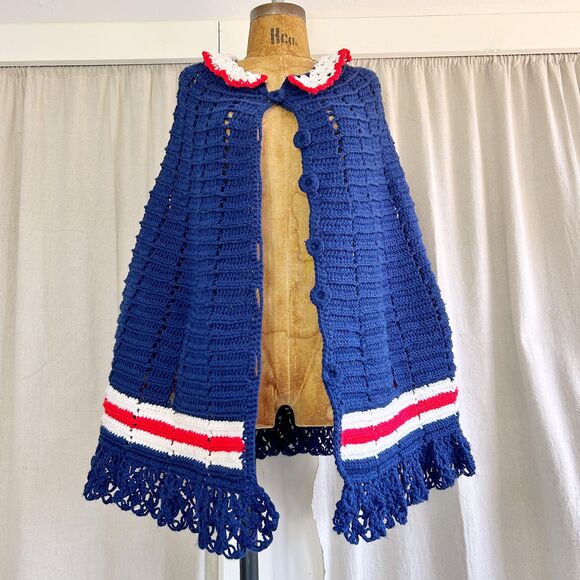 Vintage 60s Nautical Ruffled Crochet Poncho Sweater Cape - Picture 3 of 5